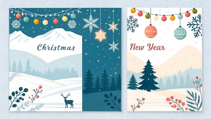 Two charming, illustrated holiday greeting cards, one for Christmas and one for New Year. The Christmas card features a serene winter landscape with snow-