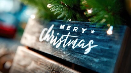 A rustic wooden board decorated with white Merry Christmas lettering and green pine branches, creating a festive holiday atmosphere - Powered by Adobe