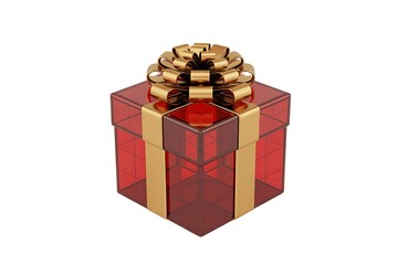 Elegant transparent red gift box with golden ribbon and bow, perfect for celebrations, anniversaries, or adding a touch of luxury to your marketing campaigns