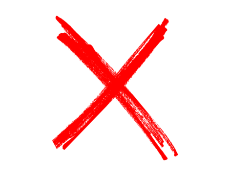 Red cross mark drawn with brush strokes. Hand-drawn X symbol isolated on white background. 