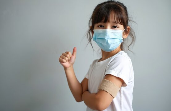 Girl wears face mask shows thumb up after vaccination. Child got vaccine injection. Girl with bandage on arm shows approval sign. Kid protected from virus after injection. Health care promo