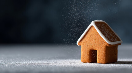 Close-up of a small gingerbread house with white icing roof edges and powdered sugar falling around it on a dark background