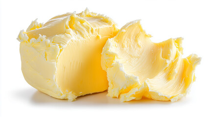 A rich, pale-yellow butter rests on a clean white background. Ideal for food photography, culinary demonstrations, or ingredient highlights in recipes and kitchen projects.