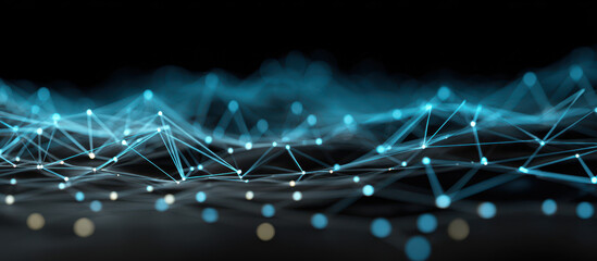 Abstract Digital Network Connecting Points With Light Blue Nodes Against Black Background