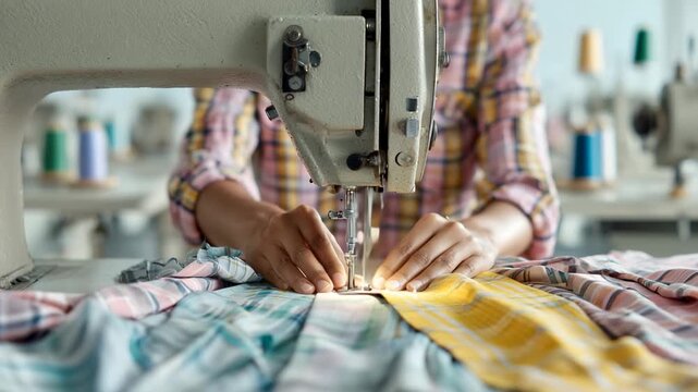 Tailor sewing colorful fabric with industrial sewing machine in workshop creating handmade clothing and textile craft
