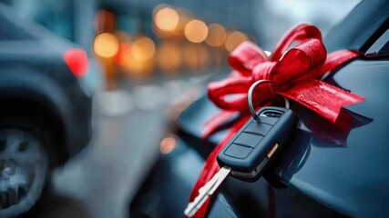 Close-up of a new car key attached to a shiny vehicle, decorated with a bright red gift bow for a celebration or special occasion