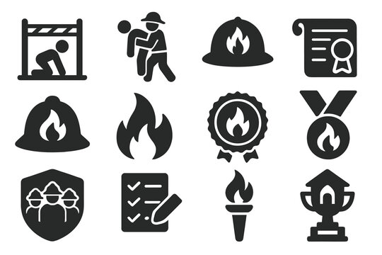 Firefighter Training Icons. Solid style icons of Firefighter training and recognition: obstacle course, dummy rescue, fire academy