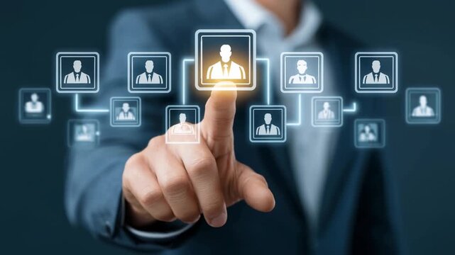 Businessman selecting virtual profile icon on digital interface representing network recruitment and human resources