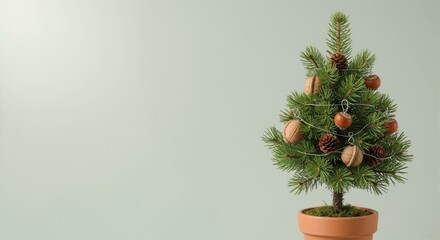 A small potted Christmas tree with rustic natural decorations. Minimalist and eco-friendly holiday concept with copy space for text