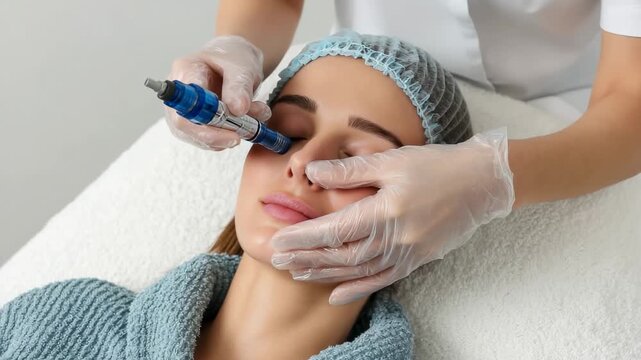 Cosmetologist performing microneedling treatment on relaxed woman face in modern beauty salon clinic