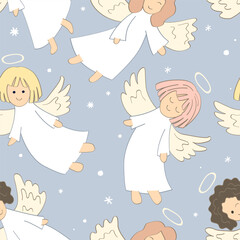 Cute flying angel cartoon seamless pattern. Christmas background, vector illustration