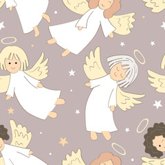 Cute flying angel cartoon seamless pattern. Christmas background, vector illustration