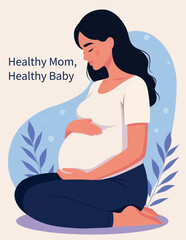 Vector illustration, pregnant woman kneeling and tenderly hugging her belly. Maternal bonding, prenatal care, self-care, mindfulness. Soft palette. Poster for women's and children's health projects