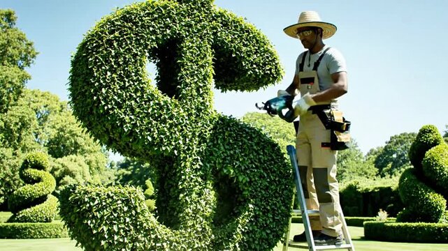 A beautiful, lush tree being pruned into the shape of a dollar sign.