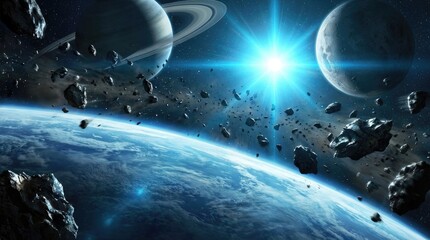 A view of earth and other planets with asteroids in space under a bright light source in the distance