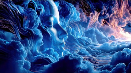 A profile view of a human face, rendered in a luminous, ethereal style, emerges from a turbulent, dreamlike environment of swirling blue clouds and wisps of lig