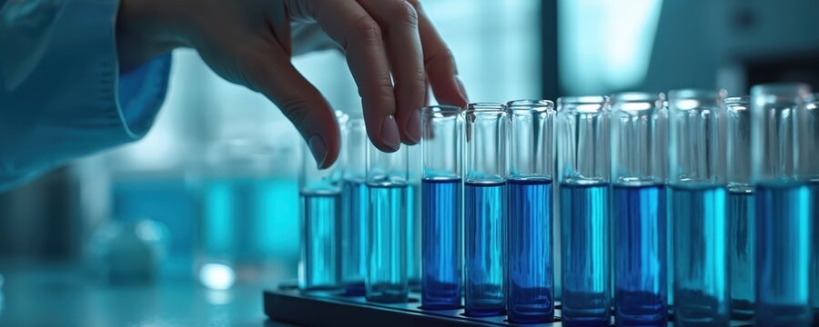 Scientist places test tube with blue liquid into rack. Laboratory research involves chemical analysis and scientific experiments. Medical industry utilizes science for drug discovery.