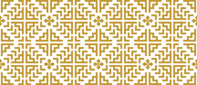 Gold seamless ethnic pattern, geometric background for fabric printing, background, wallpaper, carpet, clothing.
