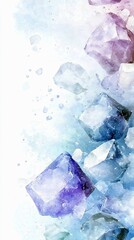 Abstract watercolor painting of various sized crystals in shades of purple and blue, with scattered smaller fragments and paint splatters against a white backgr