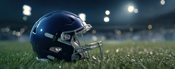 A football helmet rests on the field under the bright stadium lights, symbolizing the anticipation and excitement of the game, as well as the dedication and training required for athletic competition.