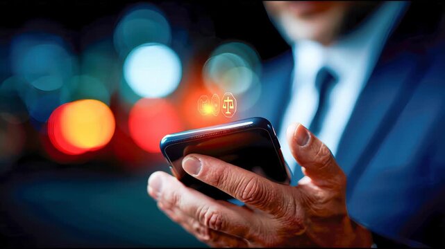 Man using a smartphone with floating compliance and approval icons, symbolizing digital workflow, verification, and modern business communication - Powered by Adobe