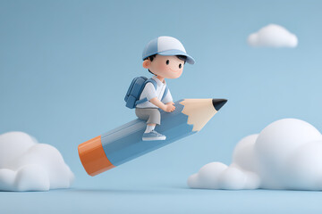 A boy riding a pencil through the future: knowledge changes destiny - an illustration.