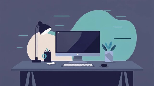 A minimalist illustration showcases a modern workspace, featuring a computer monitor, desk lamp, and potted plant, creating a comfortable office atmosphere.