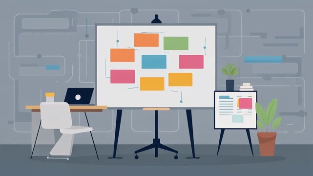 An illustration of a modern office workspace with a whiteboard displaying colorful diagrams and charts for business planning and strategy.