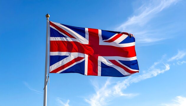 UK flag flutters against a bright blue sky with wisps of white clouds overhead, attached to a golden pole - Powered by Adobe