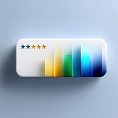 A white rectangular display with four rating stars and a gradient bar chart showing increasing data, set against a soft blue background.
