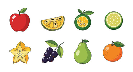Assortment of colorful fruits apple orange pear lemon and more on white