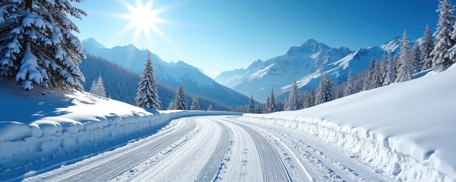 Snow covered mountain road under bright sun, blue sky. Winter landscape with pine trees, majestic peaks. Scenic pathway, remote travel, cold nature, crisp air, pure snow.