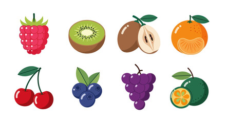 Assortment of colorful fruits raspberry kiwi and grapes on white background