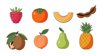 Assortment of colorful fruits raspberry persimmon melon tamarind