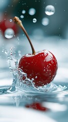 A single, ripe red cherry with a stem splashes into clear water, creating dynamic ripples and droplets. Macro shot with bright, clean lighting.