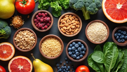 Healthy food assortment on dark table. Various fruits berries grains nuts provide balanced diet nutrition. Broccoli spinach tomatoes grapefruit oranges pears blueberries almonds oats and raspberries.