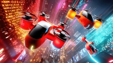 A fleet of red and orange drones navigates a vibrant, neon-lit futuristic cityscape at night, with blurred lights suggesting rapid movement.