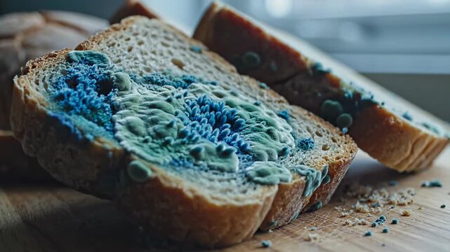 Spoiled Bread with Blue Mold and Green Mold, Macro View, 4K Video