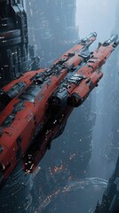 A large, red spaceship with intricate details is flying through a dense, futuristic city at night. The city is filled with towering buildings and glowing lights
