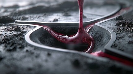 A close-up, abstract view of a viscous red substance, possibly representing data or energy, flowing through channels in a dark, textured, futuristic landscape.