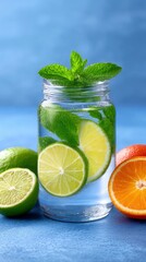 A clear glass jar filled with water, lime slices, and mint leaves, surrounded by whole and halved limes and an orange slice, set against a vibrant blue textured
