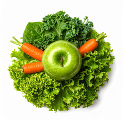 Green Apple with Carrot, Lettuce, Spinach, Broccoli, Celery, and Cabbage for Wellness and Nutrition Design