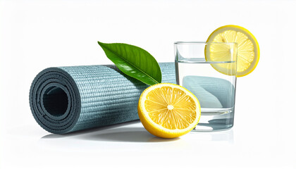 Blue Yoga Mat with Lemon Water and Leaf for Wellness, Hydration, and Fitness Lifestyle Promotion