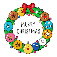 Merry christmas wreath with colorful ornaments and a red bow decoration for the holiday season art design