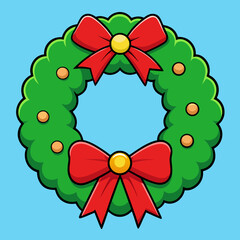 A festive christmas wreath with green foliage red bows and yellow accents on a light blue background