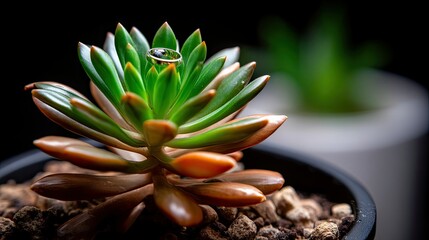 A close-up shot of a ring placed on the top of a succulent plant in a pot. The background is blurred, showing another plant in a white pot.