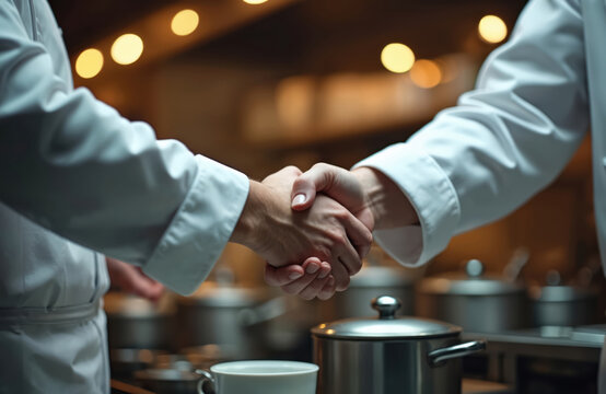 Two chefs shake hands in restaurant kitchen. Agreement between culinary professionals at work. Partnership teamwork concept. Handshake closeup shows cooking cooperation at cafe or business.