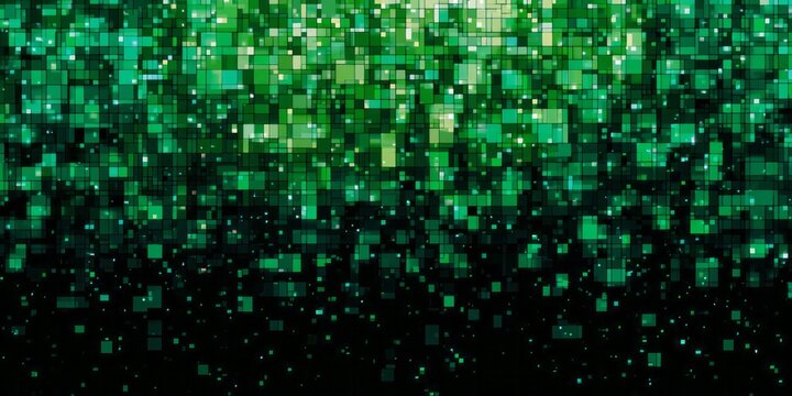 Digital abstract background featuring a cascade of glowing green squares descending into darkness - Powered by Adobe