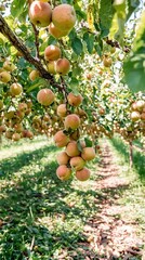 A close-up view of ripe apples hanging from a tree branch in an orchard. The background shows rows of apple trees with dappled sunlight on the ground.