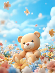 Cute teddy bear on a grassy field in spring when flowers are in full bloom